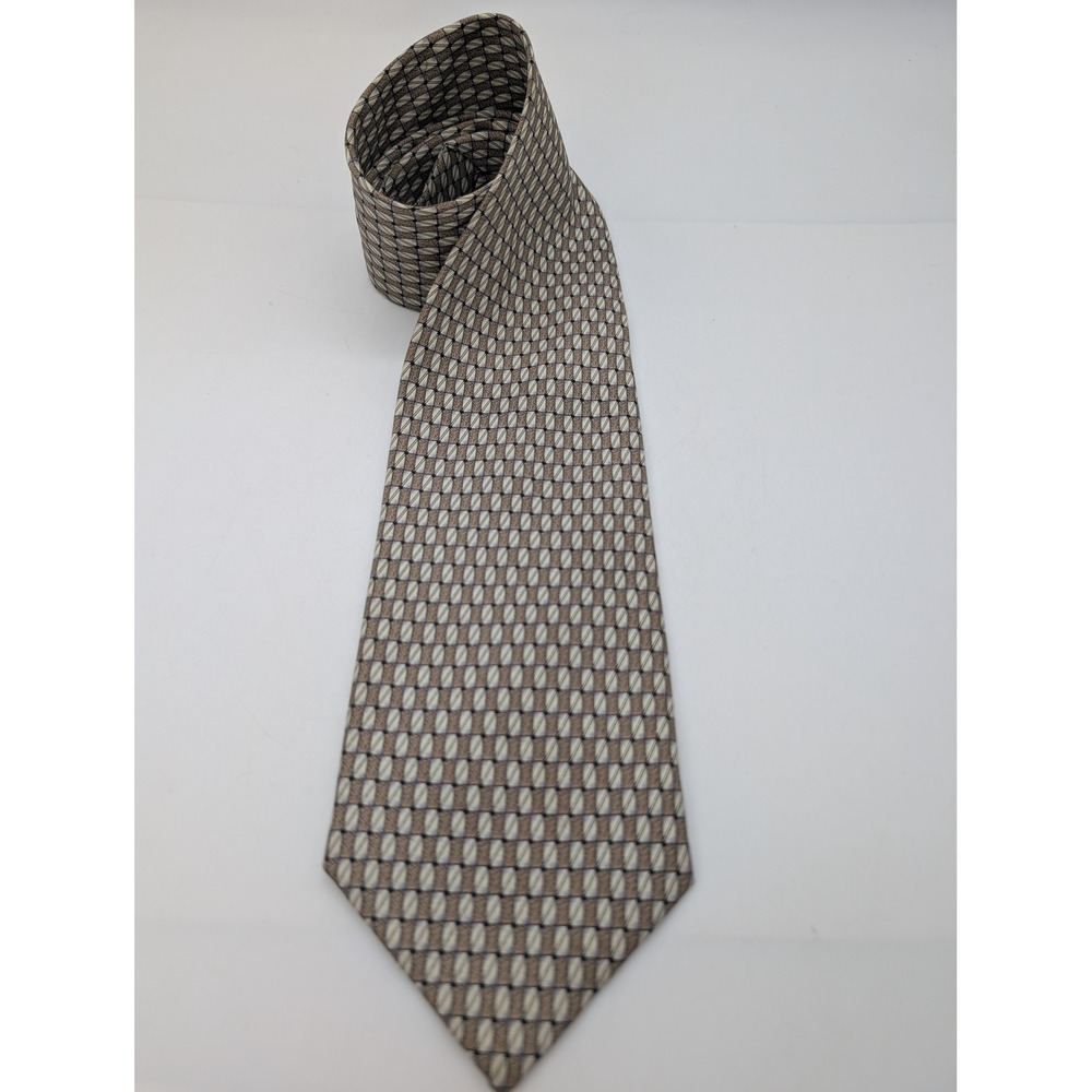 VTG Fendi Cravatte Mens Silk Tie Tan Brown Geometric Pattern Handmade In Italy